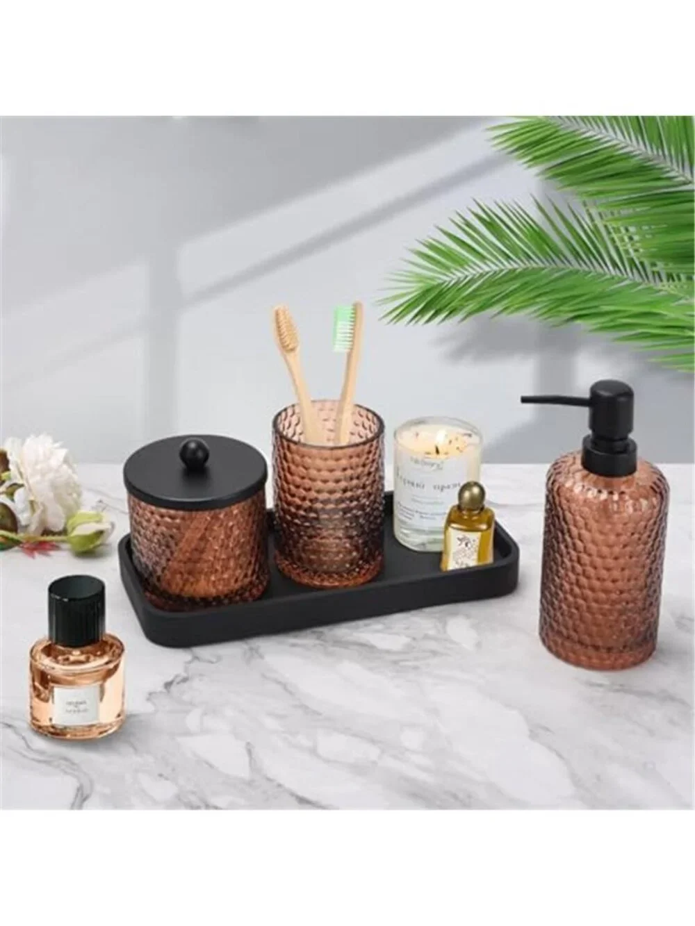 Glass Bathroom Accessories Set Soap Dispenser Toothbrush Holder Vanity Tray